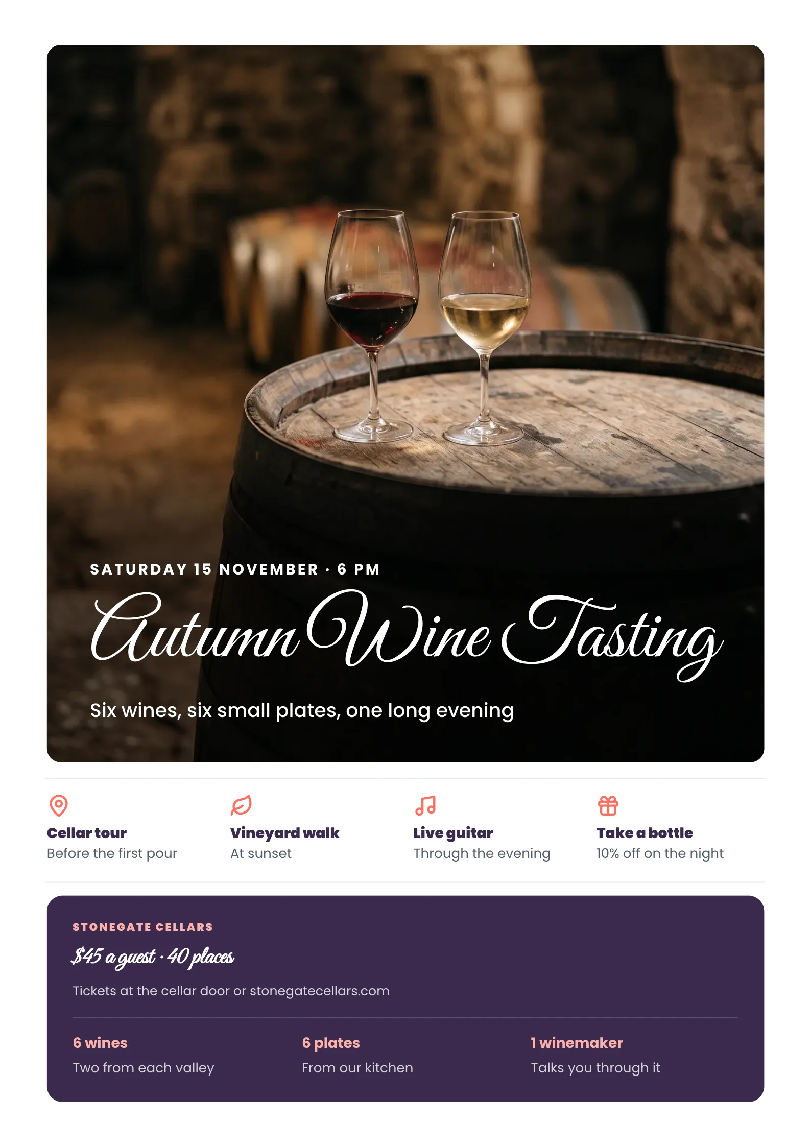 Wine Tasting Poster with glasses of red and white wine on an oak barrel in a softly lit cellar