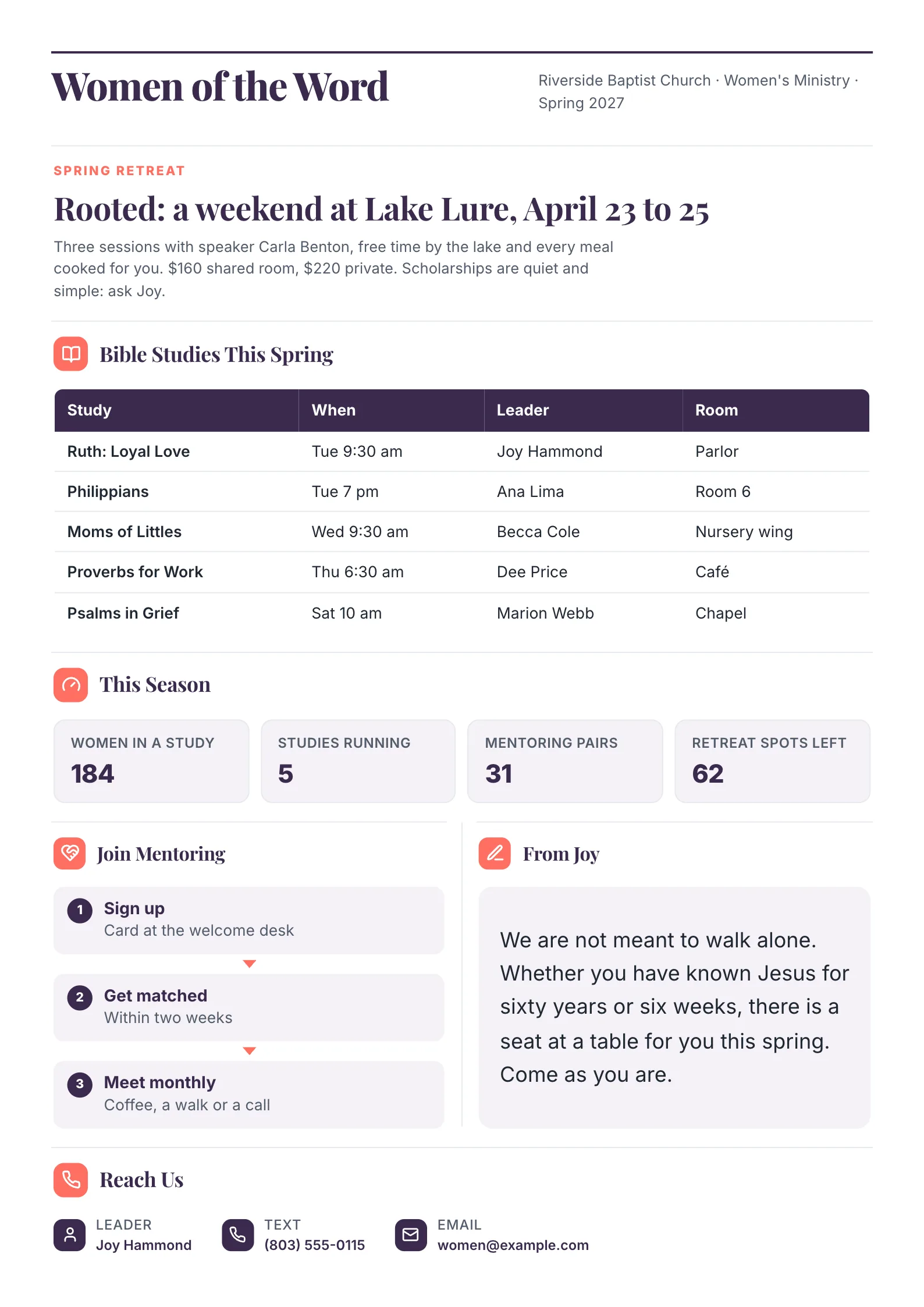 Women's ministry church newsletter with a spring retreat, a table of Bible studies, mentoring sign-up and a leader's note