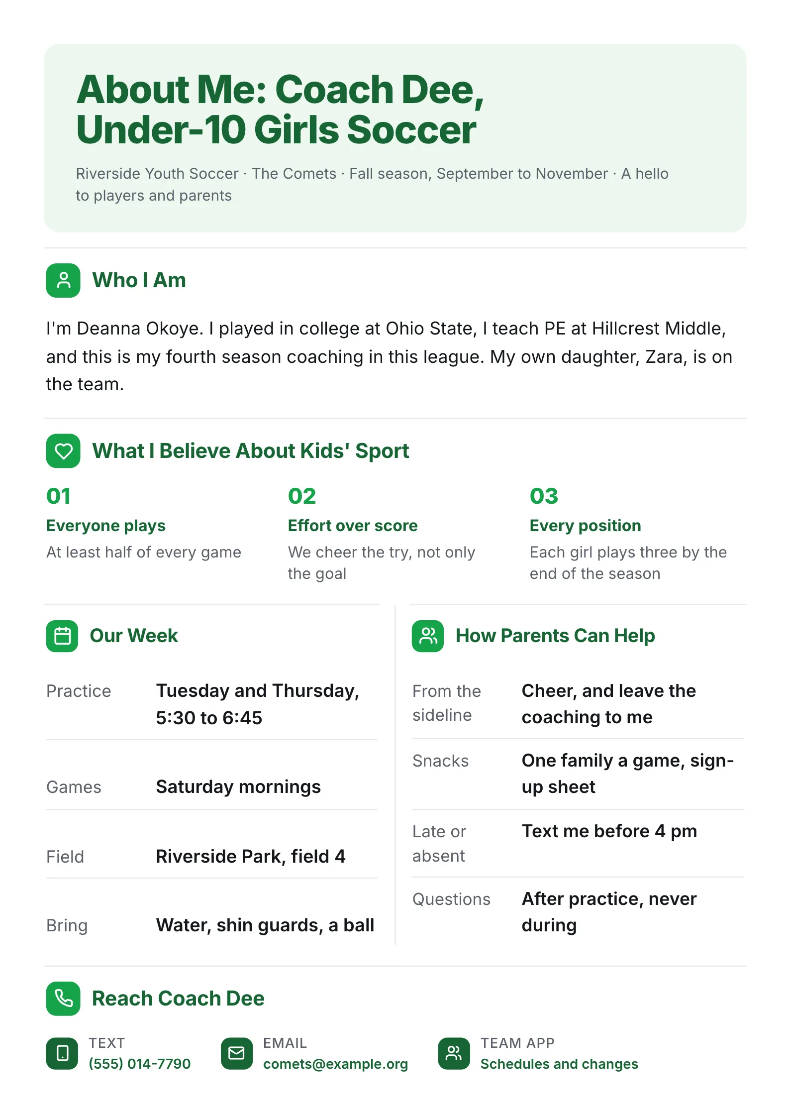 Youth soccer coach about me One-Pager with coaching beliefs, the weekly schedule and parent tips