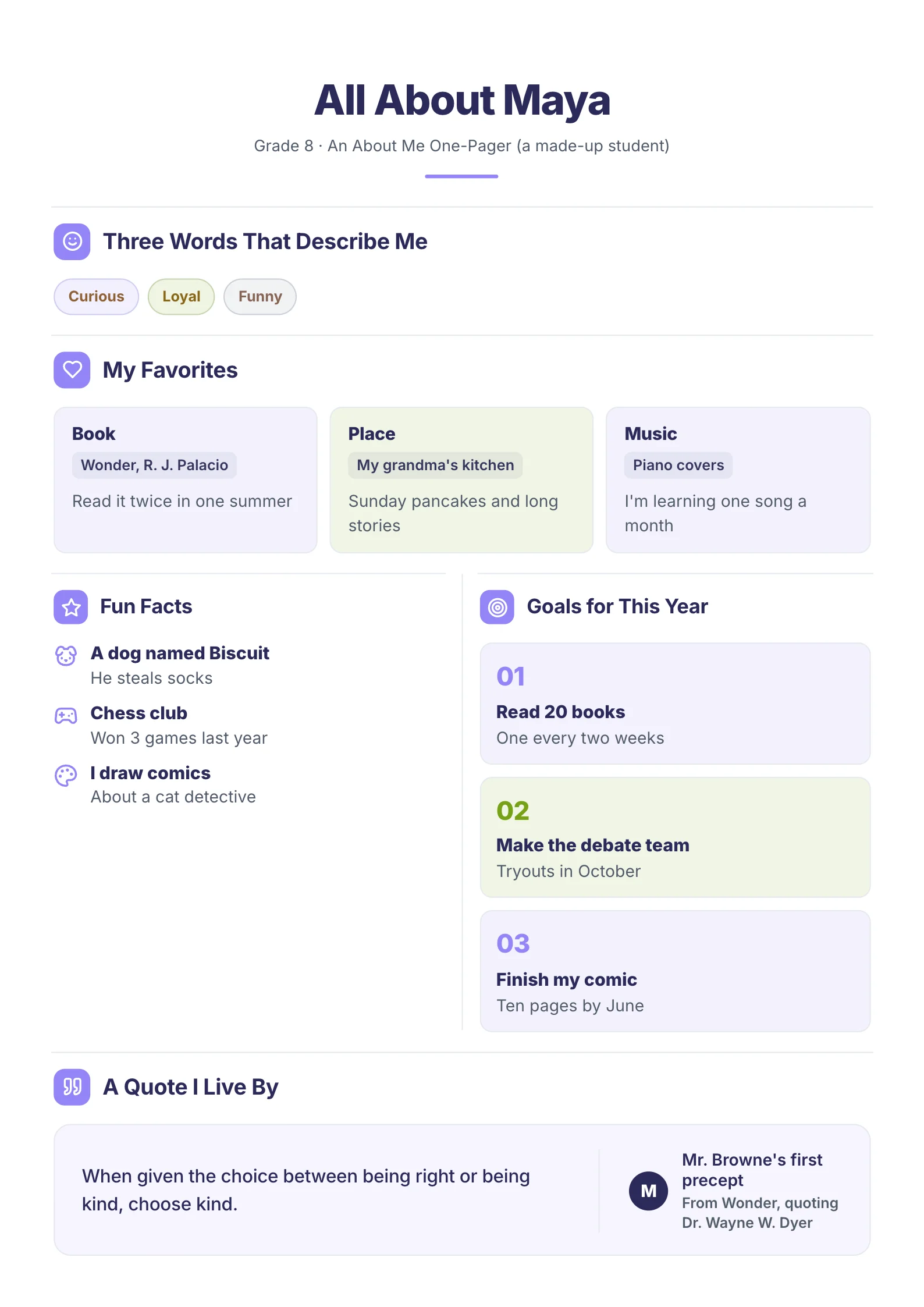 A sample About Me One-Pager made with MakeOnepagers for a made-up 8th grader: three words that describe her, her favorite book, place and music, three fun facts, three goals for the year, and a quote she lives by