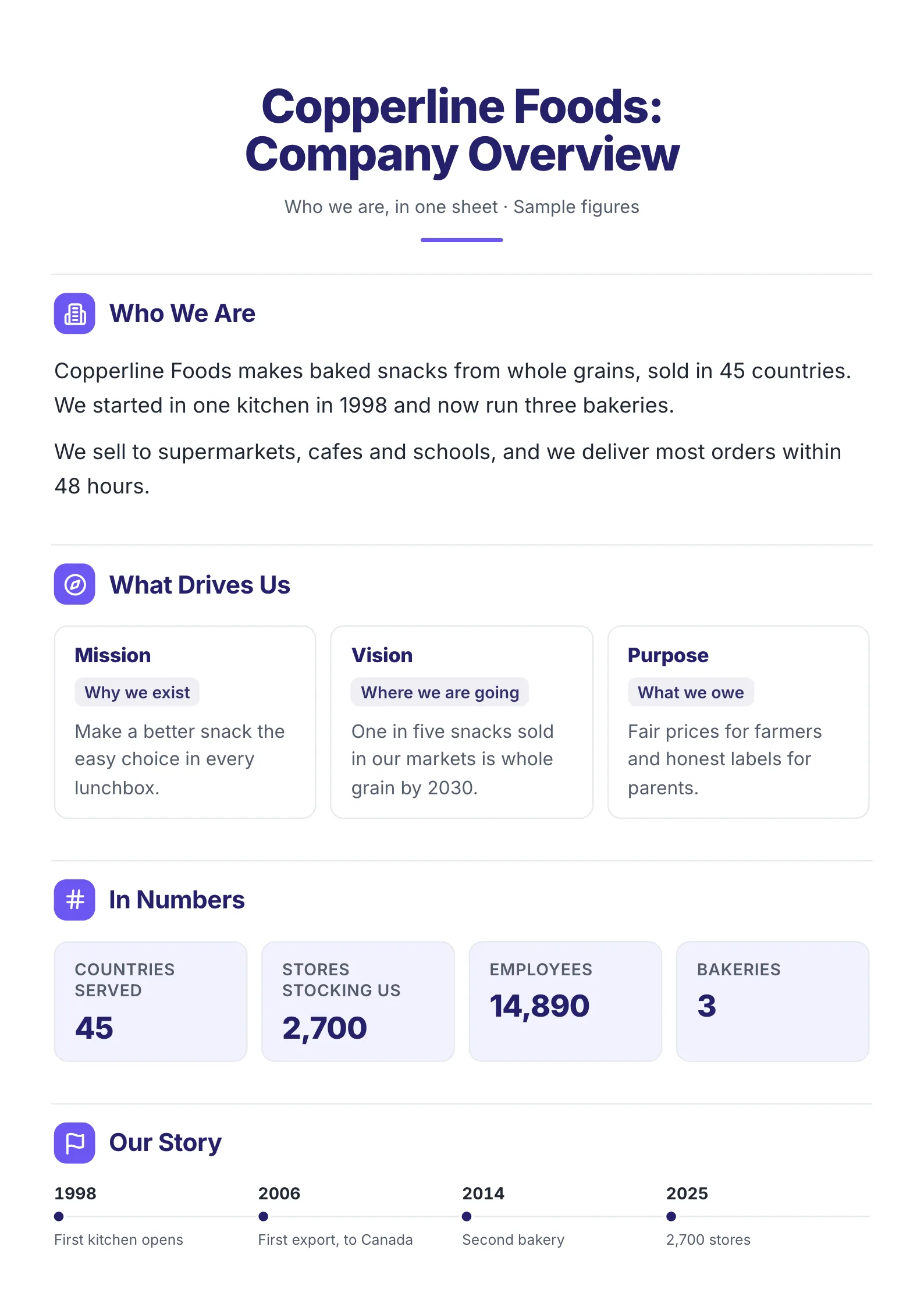 A sample company overview One-Pager made with MakeOnepagers: a snack maker selling in 45 countries, who we are, mission, vision and purpose, in numbers with 45 countries served, 2,700 stores, 14,890 employees and 3 bakeries, and its story from a first kitchen in 1998 to 2,700 stores in 2025