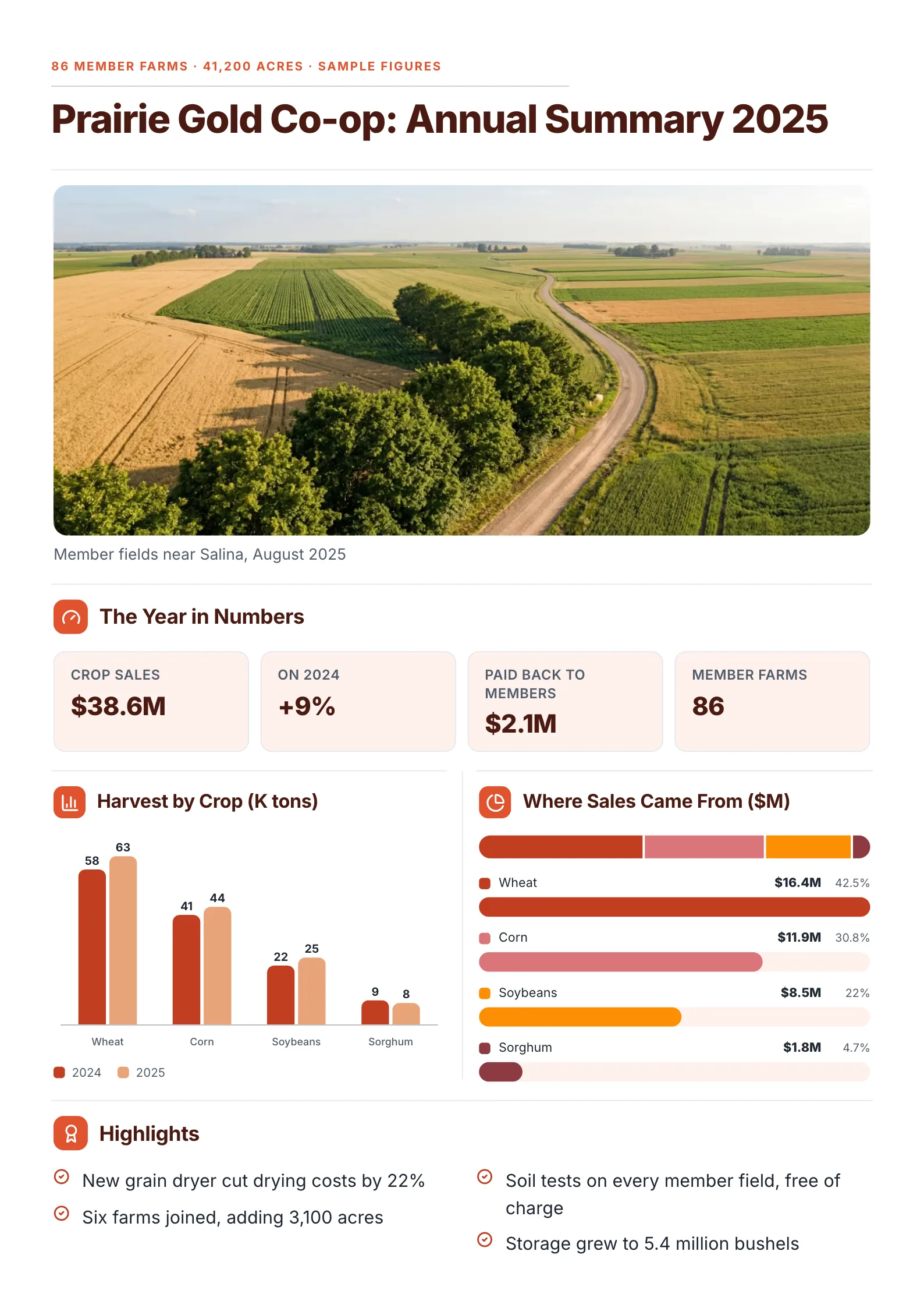A sample annual summary One-Pager made with MakeOnepagers: a farm co-op's 2025 for 86 member farms, a wide photo of member fields, crop sales of $38.6M up 9%, $2.1M paid back to members, harvest by crop against 2024, where sales came from and four highlights