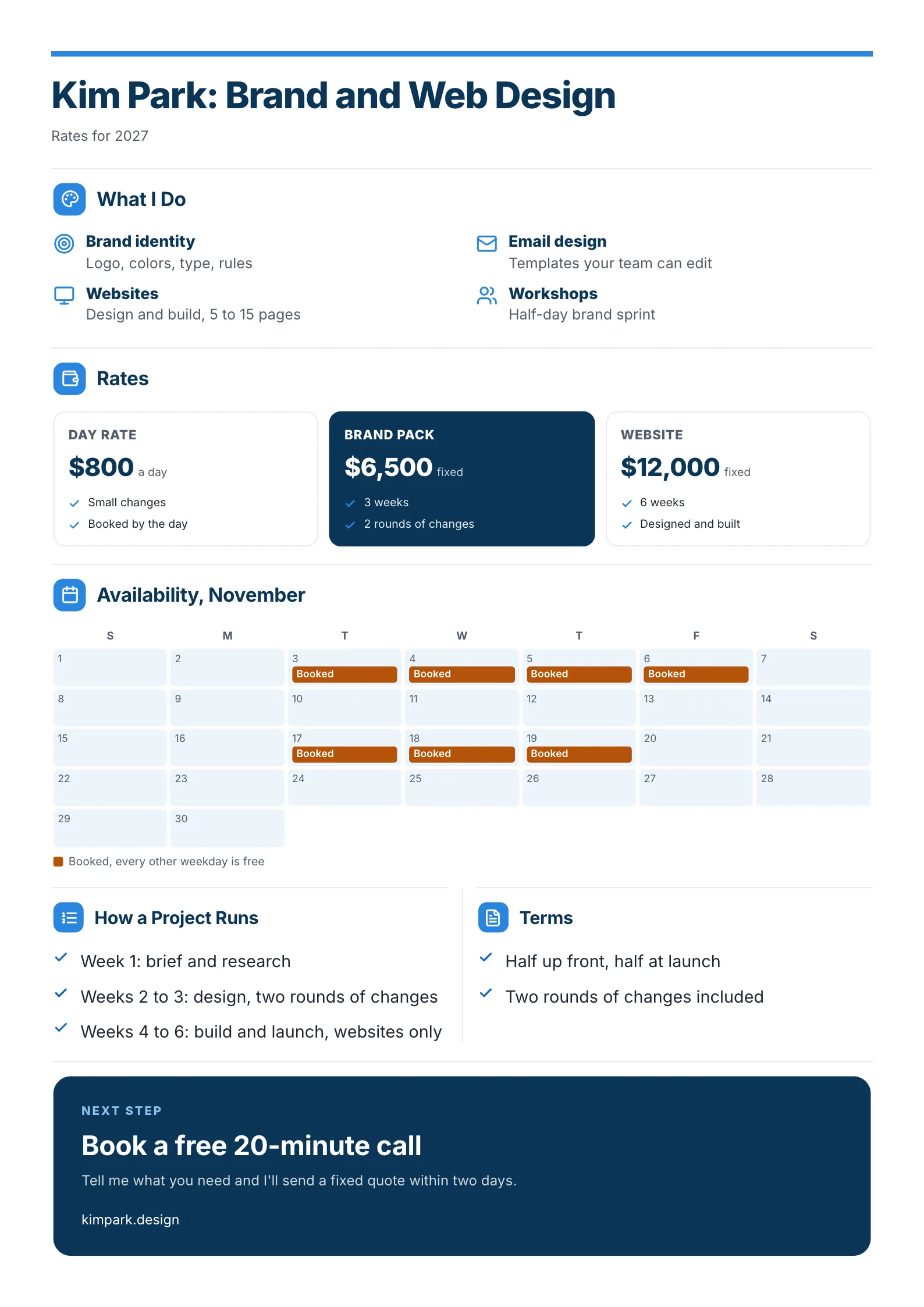 A sample freelancer rate card One-Pager made with MakeOnepagers: a brand and web designer's rates for 2027, what she does in four services, a day rate of $800, a brand pack at $6,500 and a website at $12,000, a calendar of November availability, how a project runs, payment terms and a call to book a free 20-minute call