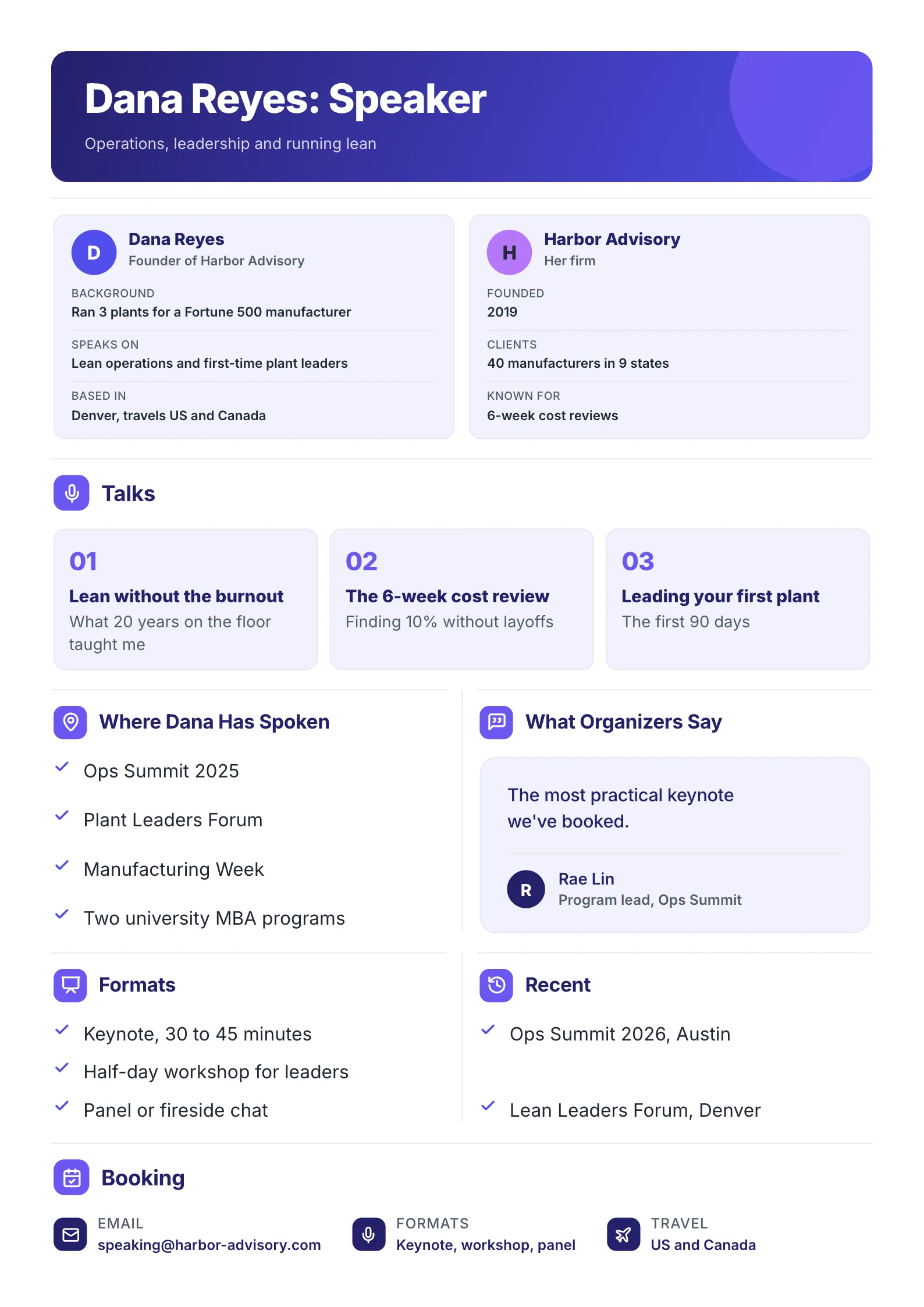 A sample speaker one sheet One-Pager made with MakeOnepagers: an operations speaker and founder of an advisory firm, her background and firm, three numbered talks, where she has spoken, a quote from an event program lead, formats from keynote to fireside chat, recent events and booking details