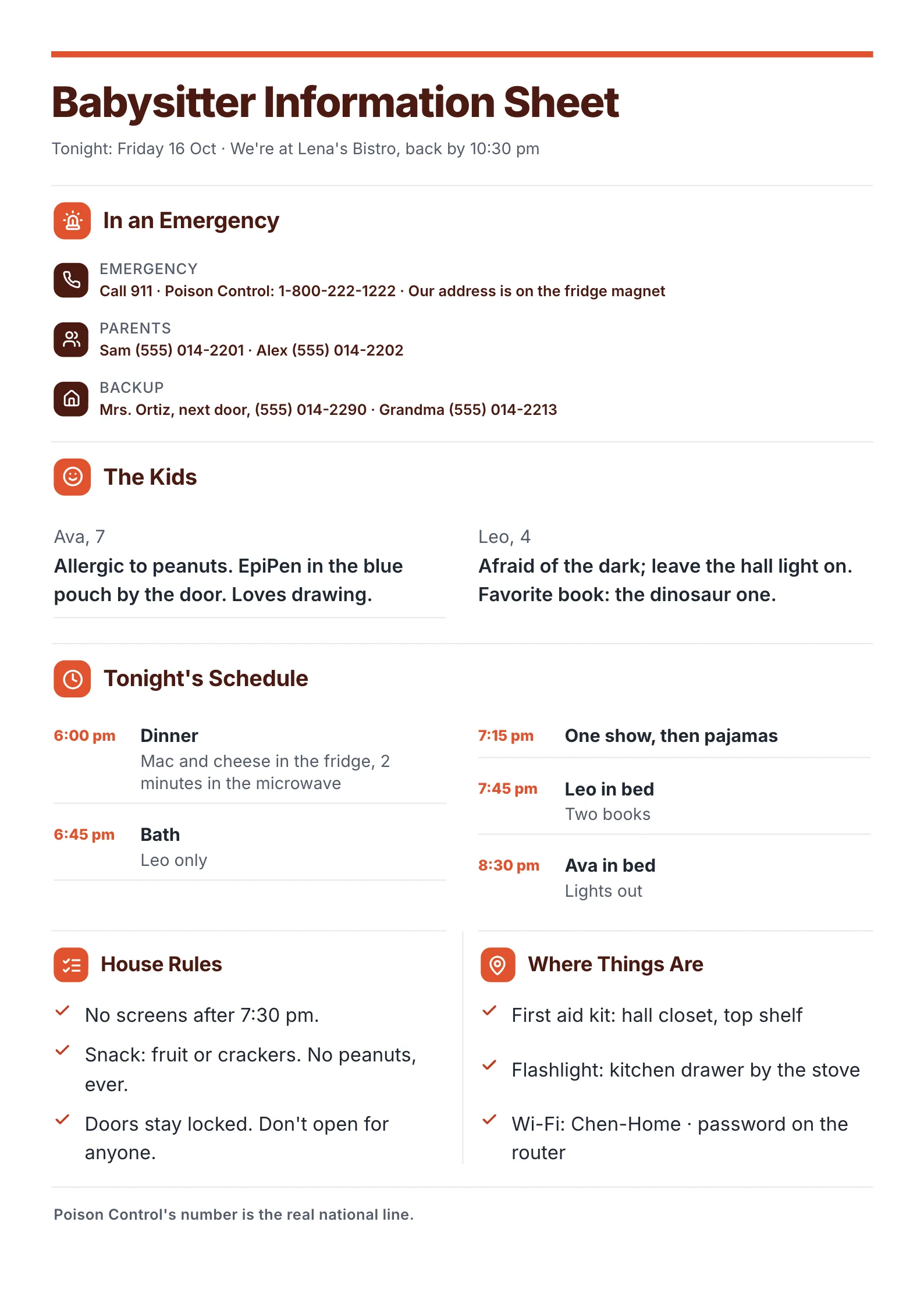 Babysitter Information Sheet One-Pager example