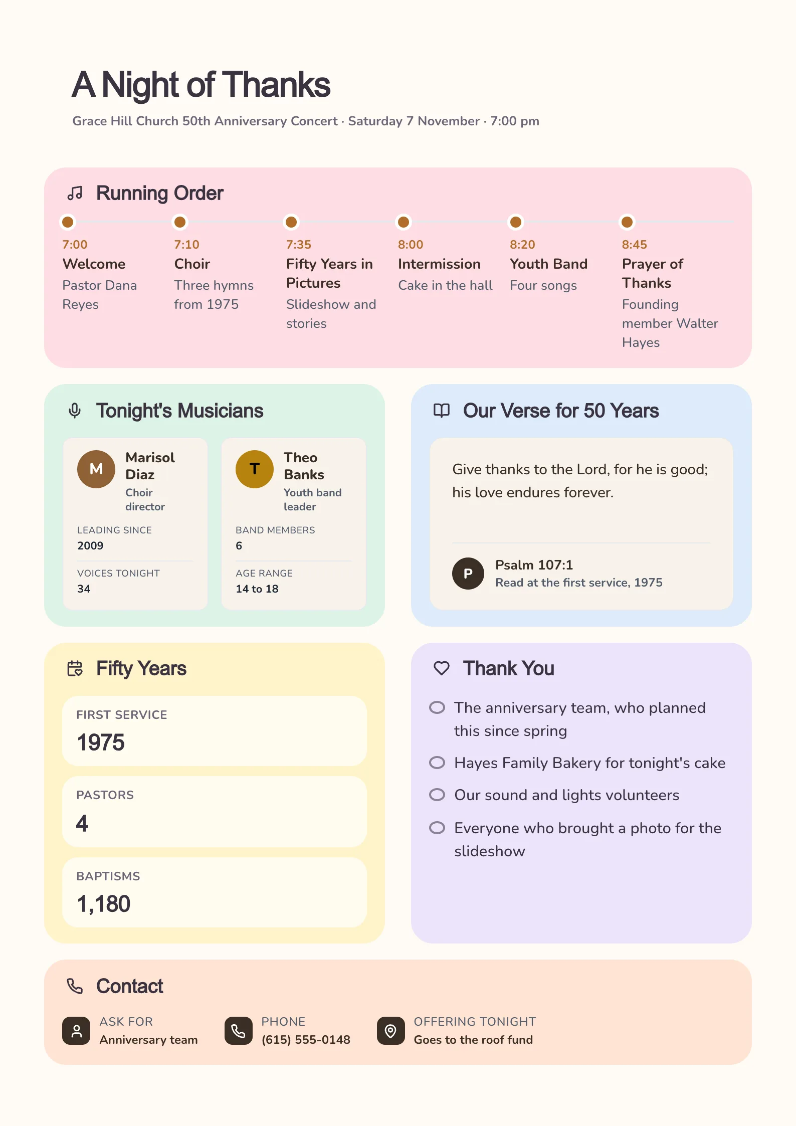 A sample Church Event Program One-Pager made with MakeOnepagers: A Night of Thanks, a 50th anniversary concert on a Saturday at 7 pm, with the running order from welcome to closing prayer, the musicians, a verse, the church's 50 years in numbers, thank-yous and a contact