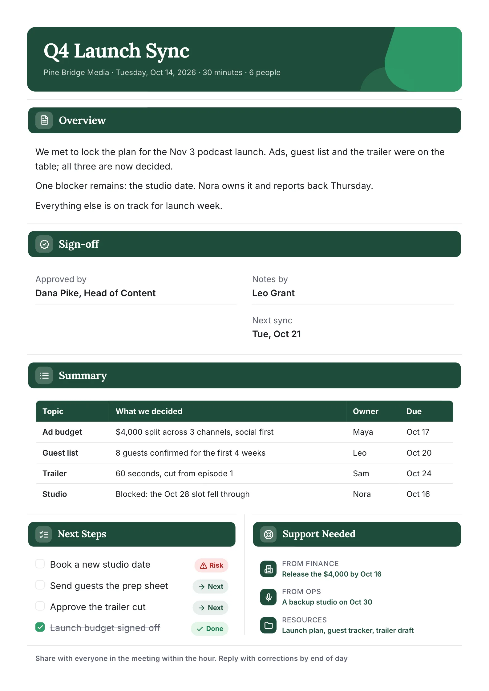 Meeting Summary One-Pager One-Pager example