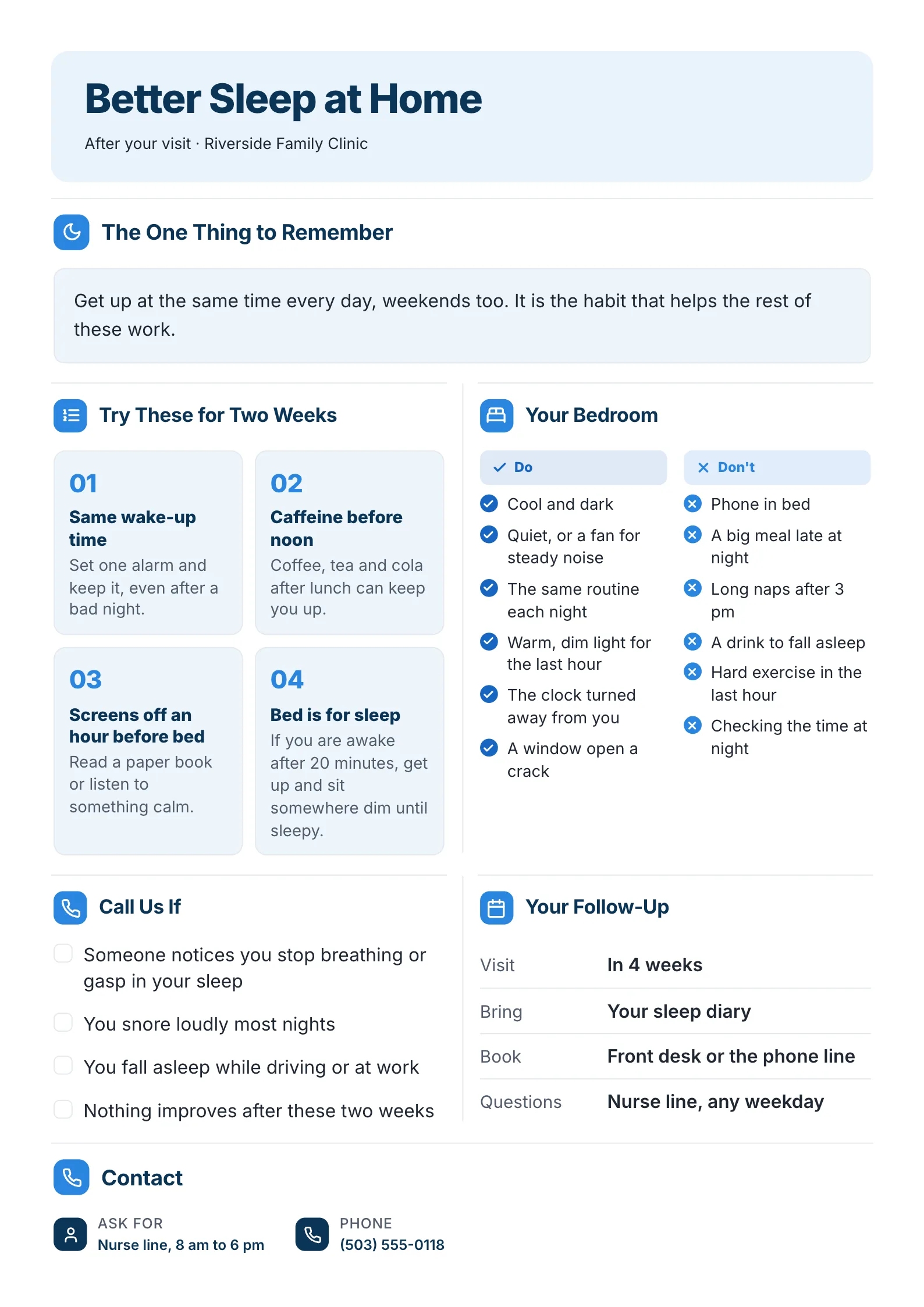 A sample Patient Education Sheet One-Pager made with MakeOnepagers: Better Sleep at Home, with the one thing to remember at the top, four numbered habits to try for two weeks, bedroom dos and don'ts, when to call the clinic and the follow-up visit