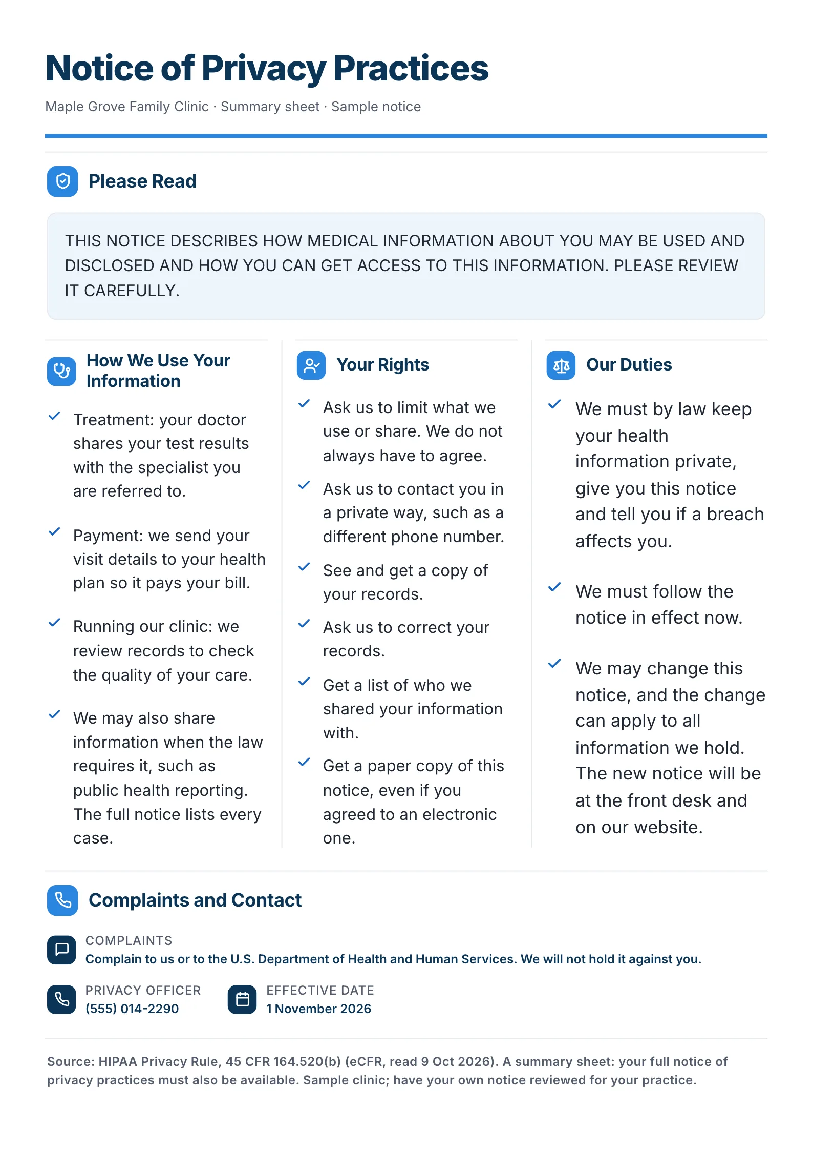 A sample Notice of Privacy Practices summary One-Pager made with MakeOnepagers for a family clinic, with the required HIPAA header in capitals, then how the clinic uses information, the patient's rights, the clinic's duties, and how to complain or reach the privacy officer
