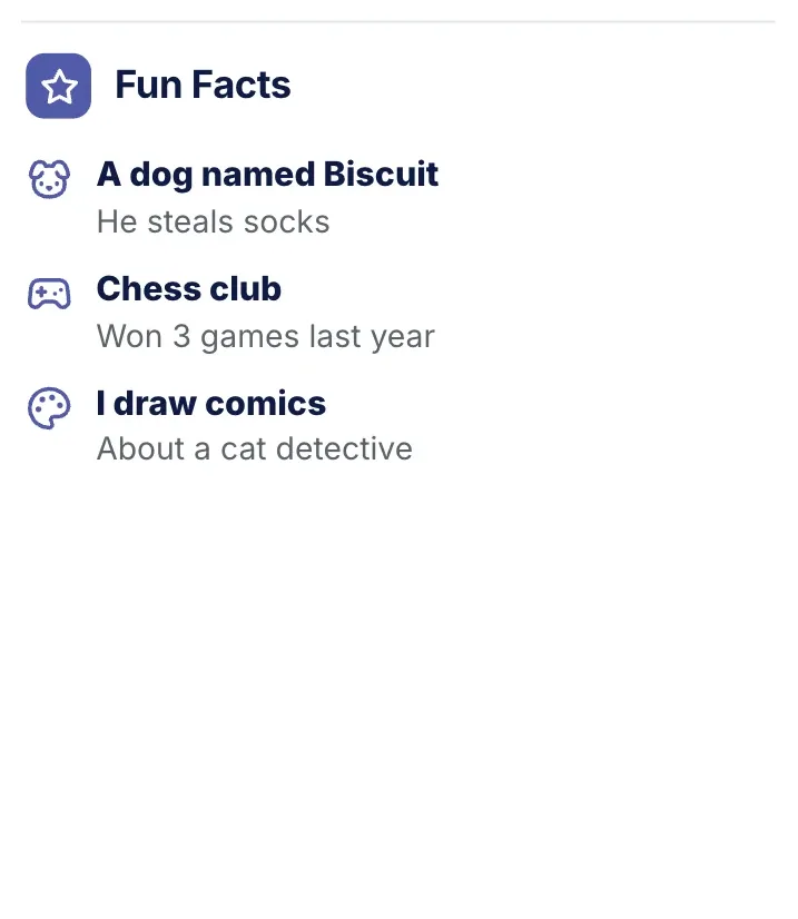 Points with icons, "Fun Facts": a close-up of the About Me One-Pager Template