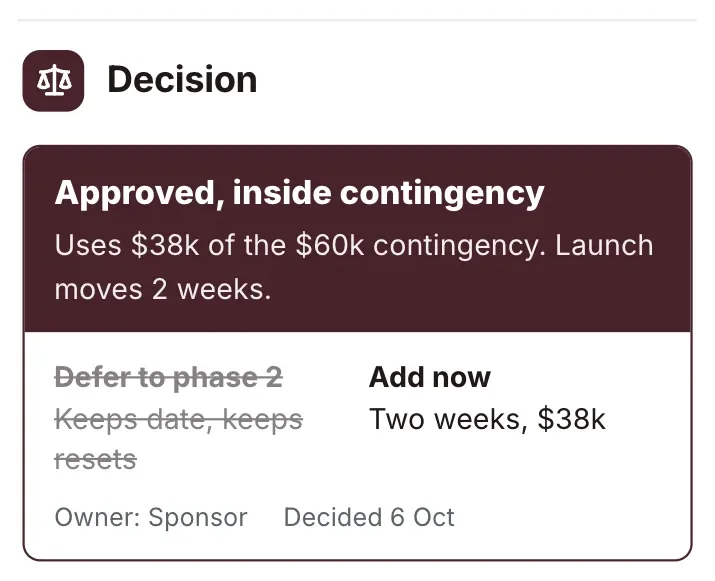 Decision record, "Decision": a close-up of the Change Request One-Pager Template