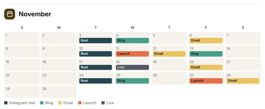 Month calendar, "November": a close-up of the Content Calendar One-Pager Template