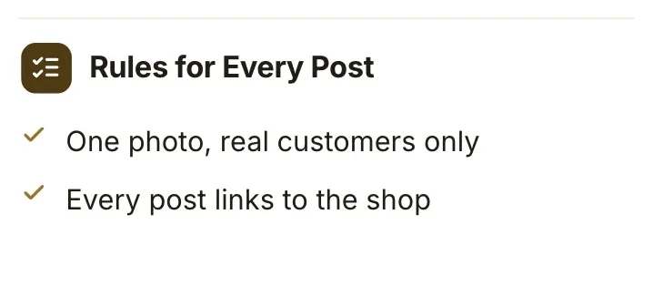 Key points, "Rules for Every Post": a close-up of the Content Calendar One-Pager Template