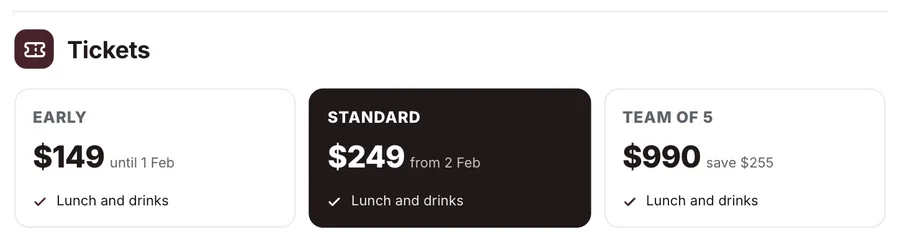 Pricing, "Tickets": a close-up of the Event One-Pager Template