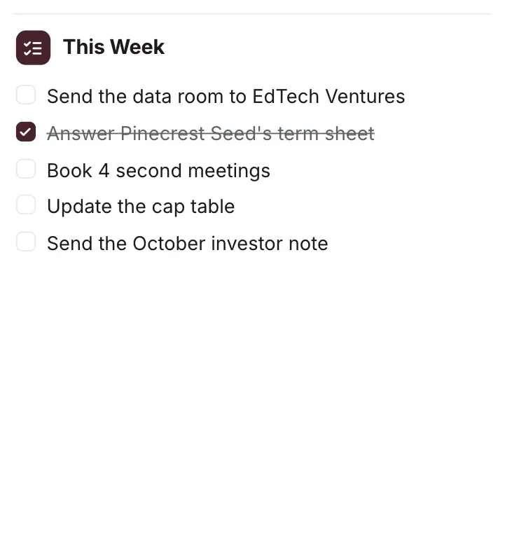 Checklist of next steps, "This Week": a close-up of the Fundraising Tracker One-Pager Template