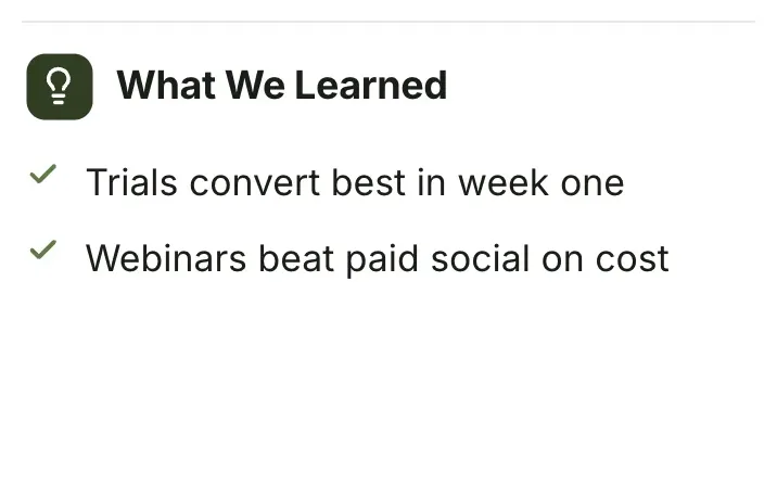 Key points, "What We Learned": a close-up of the OKR Scorecard One-Pager Template