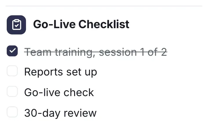 Checklist of next steps, "Go-Live Checklist": a close-up of the Customer Onboarding Plan One-Pager Template