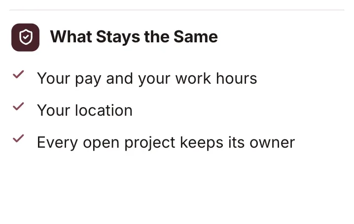 Key points, "What Stays the Same": a close-up of the Org Change Announcement One-Pager Template