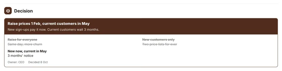 Decision record, "Decision": a close-up of the Pricing Change Brief One-Pager Template