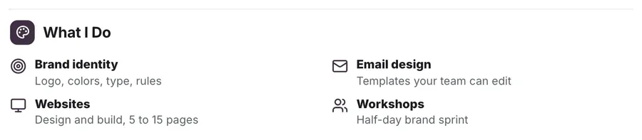 Points with icons, "What I Do": a close-up of the Freelancer Rate Card One-Pager Template