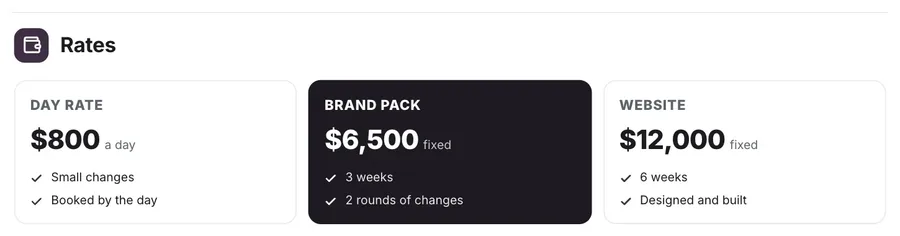 Pricing, "Rates": a close-up of the Freelancer Rate Card One-Pager Template