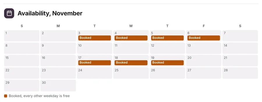 Month calendar, "Availability, November": a close-up of the Freelancer Rate Card One-Pager Template