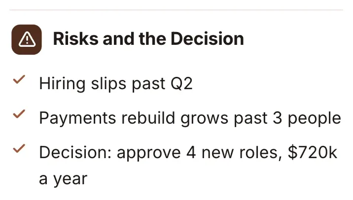 Key points, "Risks and the Decision": a close-up of the Resource Plan One-Pager Template