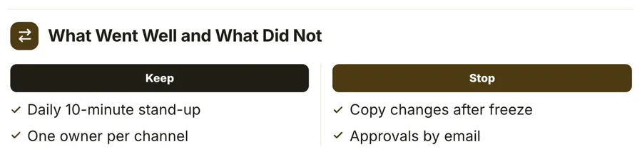 Side-by-side comparison, "What Went Well and What Did Not": a close-up of the Retrospective One-Pager Template
