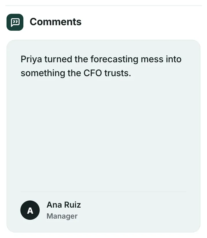 Pull quote, "Comments": a close-up of the Performance Review Summary One-Pager Template