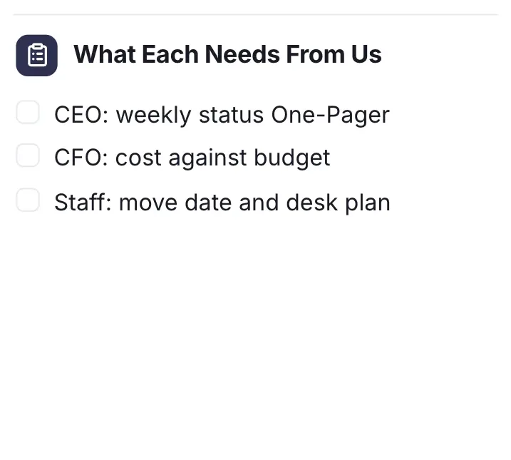 Checklist of next steps, "What Each Needs From Us": a close-up of the Stakeholder Map One-Pager Template
