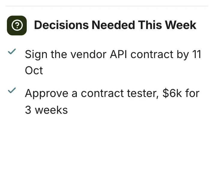 Key points, "Decisions Needed This Week": a close-up of the Project Status Report One-Pager Template