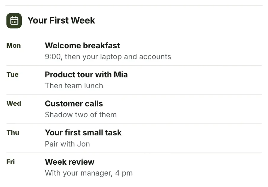 Agenda, week by week, "Your First Week": a close-up of the New Hire Welcome One-Pager Template