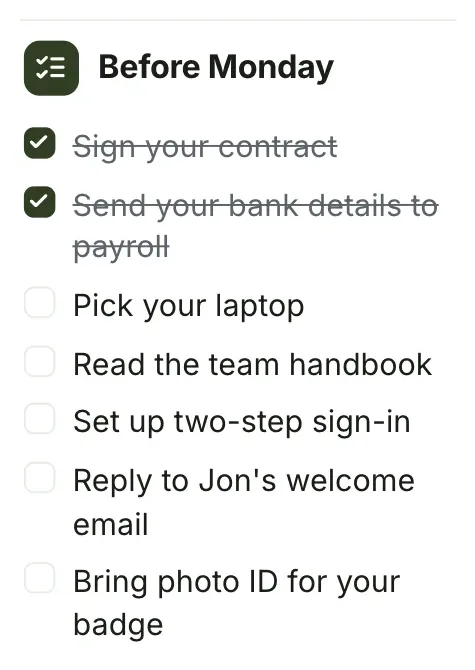 Checklist of next steps, "Before Monday": a close-up of the New Hire Welcome One-Pager Template