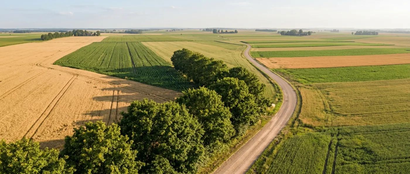 Aerial view of golden wheat and green crop fields with a farm road
