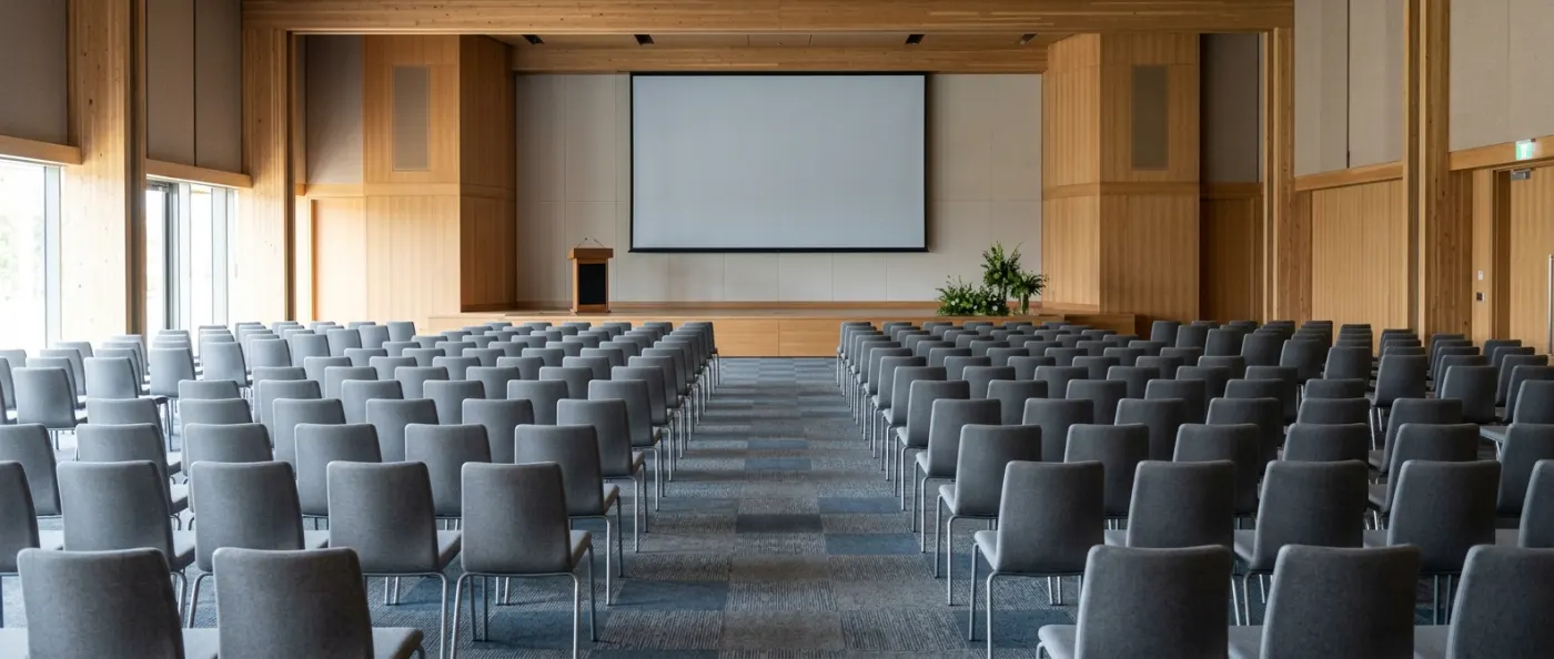 An empty conference hall with rows of chairs facing a wide stage
