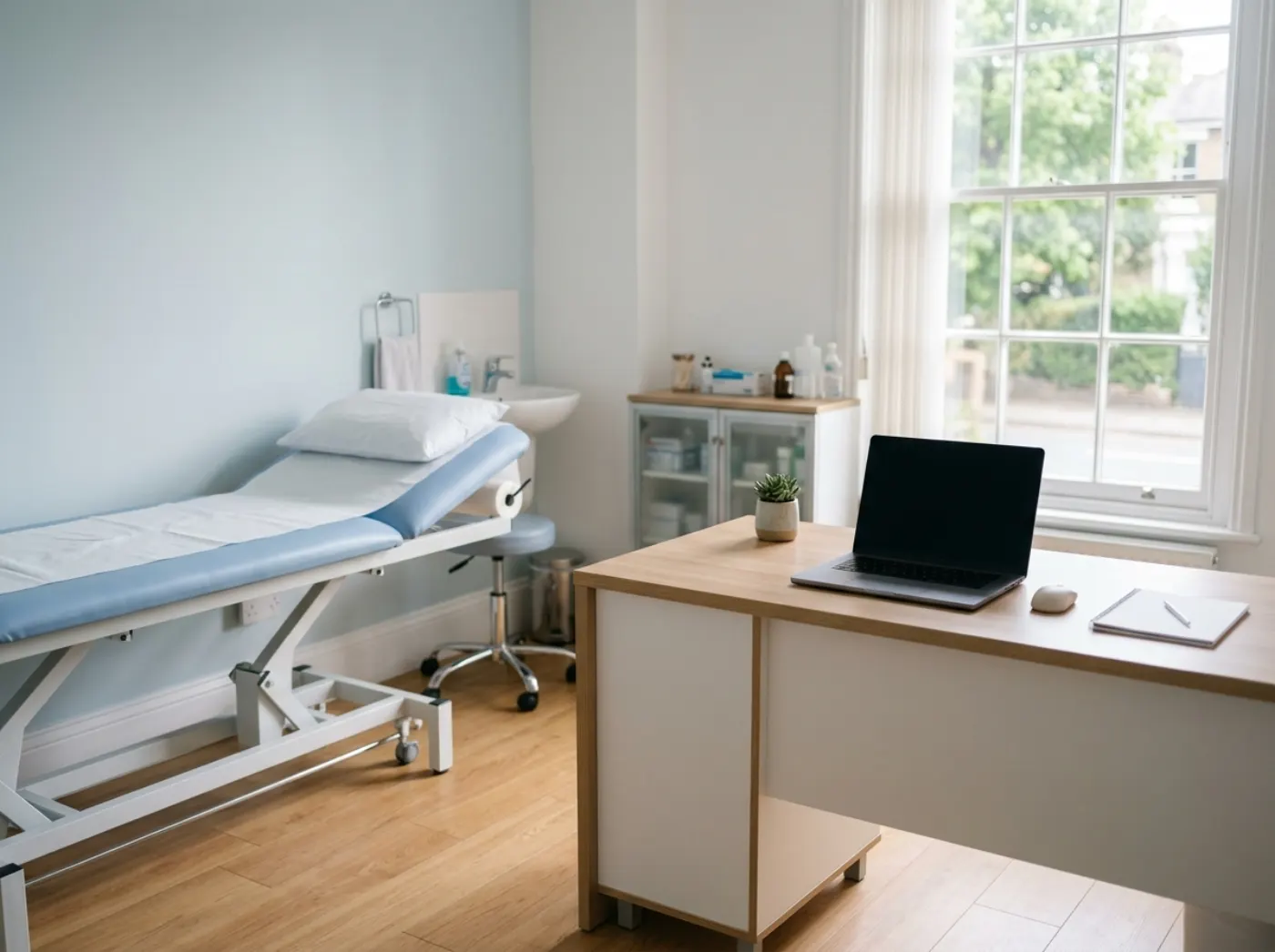 A bright, clean clinic consultation room with a window