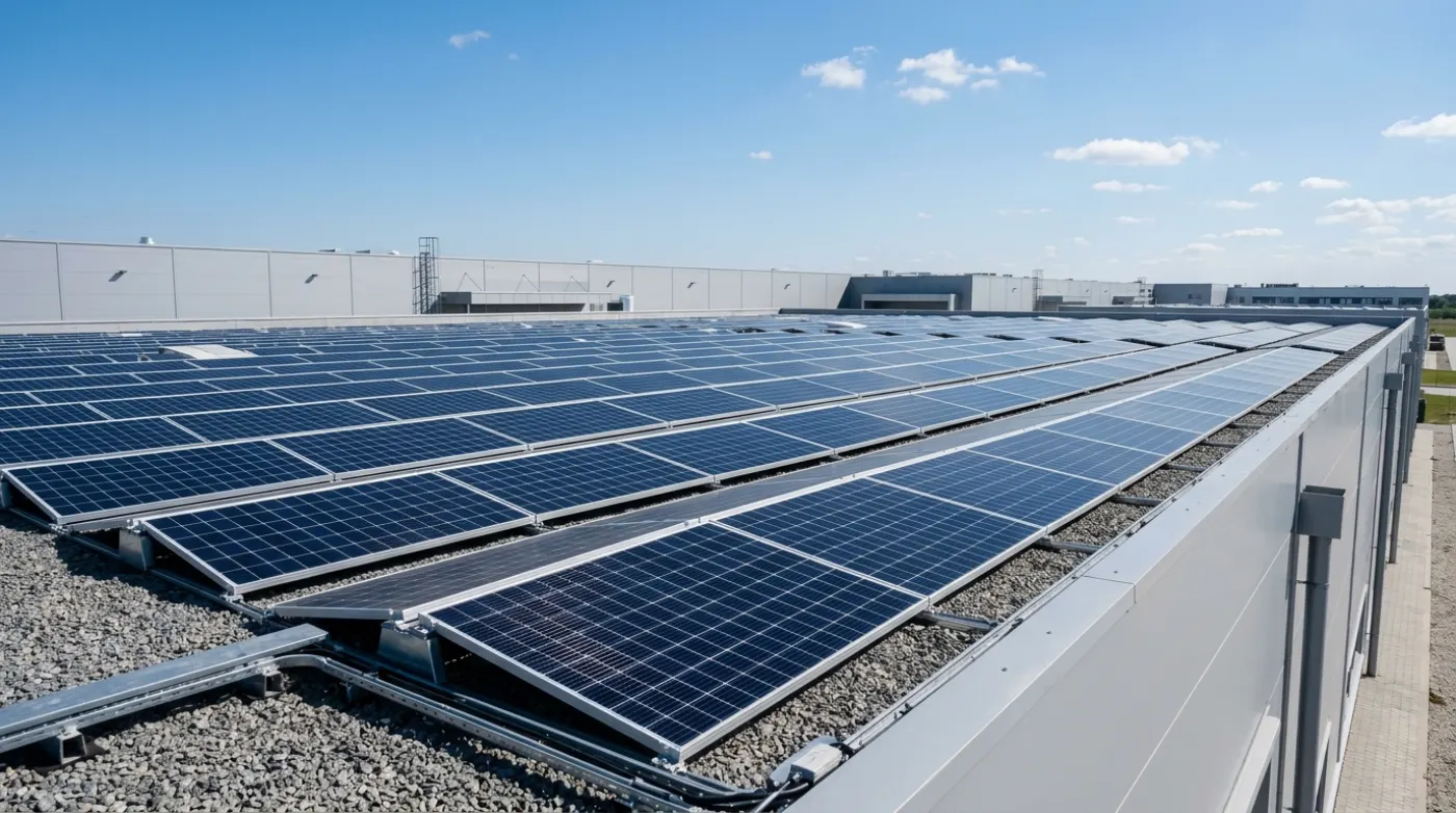 Rows of solar panels on a flat warehouse roof under a blue sky